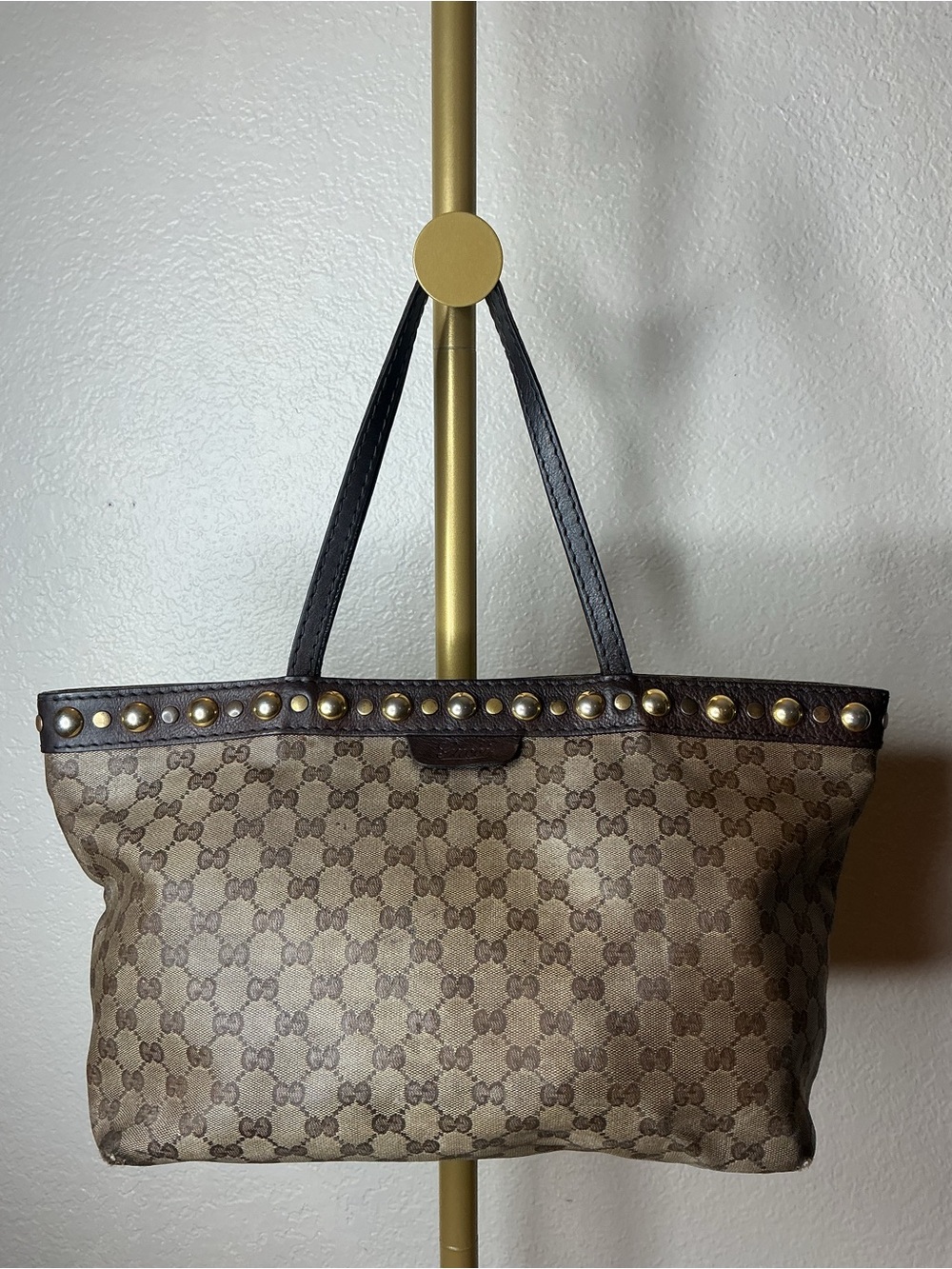 Gucci Brown Monogram Tote Bag with Stud Trim